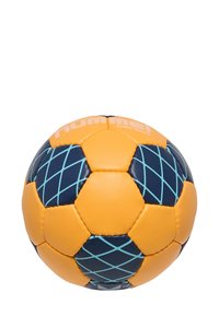 Gul och marin handboll med en texturerad yta, som har ett diamantmönster i ljusblått. Varumärket "Hummel" synligt på toppen.
