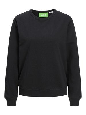 Schwarzer Rundhalsausschnitt-Sweatshirt aus Baumwolle. Mit gerippten Bündchen und Saum, versehen mit einem grünen Etikett mit der Aufschrift "JJXX" am Kragen.