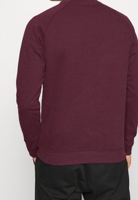 Mand iført en ensfarvet mørk burgunderrød langærmet sweater og sorte bukser, vist bagfra mod en ensartet lys baggrund.