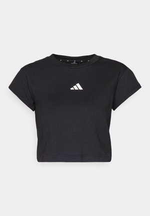 Svart kortärmad t-shirt i bomull, med korta ärmar och en vit Adidas-logga på bröstet. Slät textur, rund halsringning.