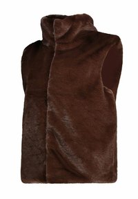 Bruine nepbontvest met een hoge kraag, mouwloos ontwerp en een zachte, gladde textuur. Geen zichtbare hardware of versieringen.