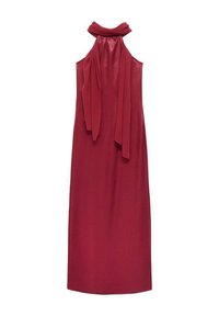 Bordo halter obleka z vezanim hrbtnim detajlom, gladka tekstura in dolžina do tal. Ima prilegajoč bodice in širok krilo.