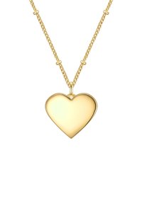 Pendente a forma di cuore in oro su una collana a doppia catena, con una superficie liscia e riflettente e bordi arrotondati, appeso centralmente.