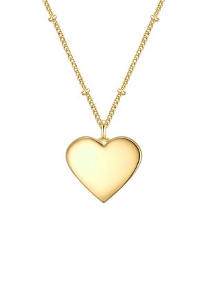 Pendente a forma di cuore in oro su una collana a doppia catena, con una superficie liscia e riflettente e bordi arrotondati, appeso centralmente.