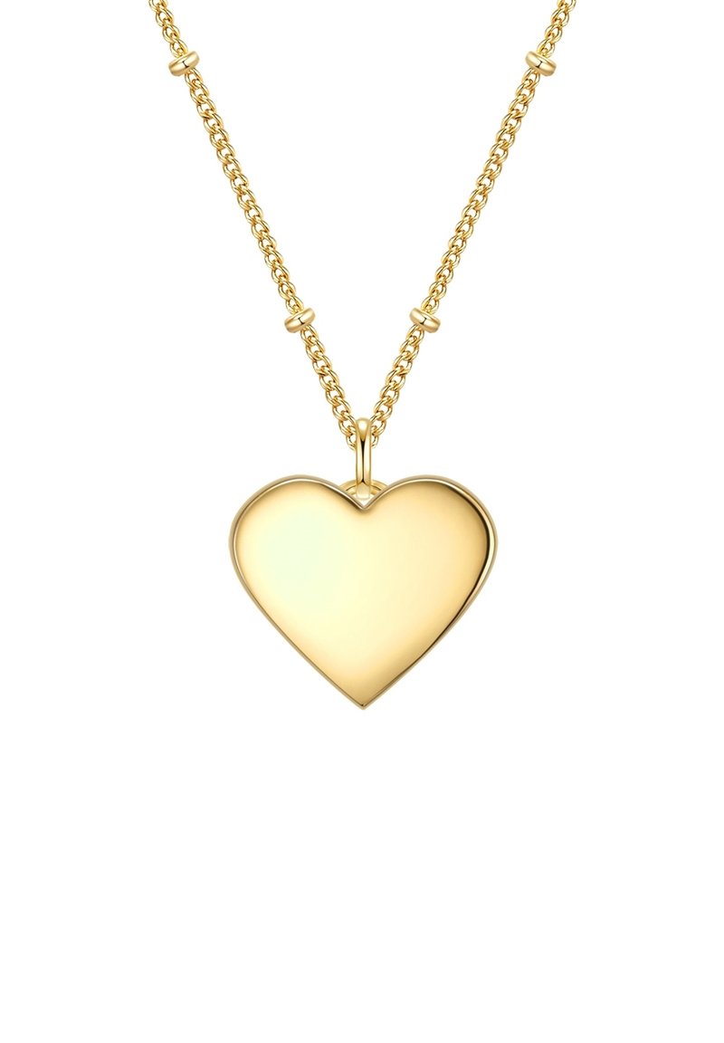 Pendente a forma di cuore in oro su una collana a doppia catena, con una superficie liscia e riflettente e bordi arrotondati, appeso centralmente.