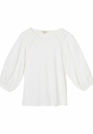 Biela blúzka s dlhými rukávmi s nafúknutými rukávmi a čipkovými detailmi pozdĺž ramien a rukávov, okrúhly výstrih, voľný strih.