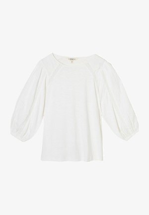 Witte blouse met lange mouwen, opgeblazen mouwen en kantaccenten langs de schouders en mouwen, ronde hals, losse pasvorm.