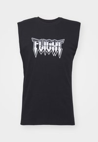T-shirt noir sans manches avec texte graphique blanc audacieux « FLIGHT » en police stylisée dentelée centré sur la poitrine.