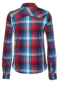 Long-sleeve plaid shirt featuring a mix of red, blue, and white checks, with a pointed collar and button cuffs. Textured fabric design.