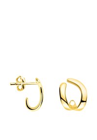 Guldfarvede metaløreringe med et bølget design. Den ene ørering har en hoop-form, mens den anden har en flydende, abstrakt form.