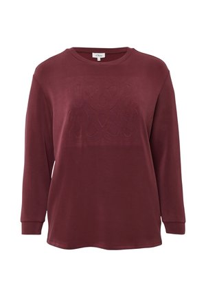 Bordeauxroter Langarm-Sweatshirt mit erhabenem Muster auf der Vorderseite, rundem Ausschnitt und gerippten Bündchen. Weicher Baumwollstoff.