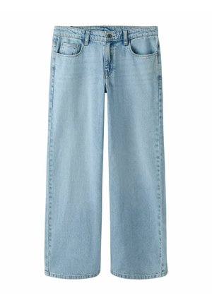 Helles blaues weites Jeansmodell aus Denim mit glatter Textur, ausgestattet mit einem Knopfverschluss und zwei vorderen Taschen für praktische Nutzung.