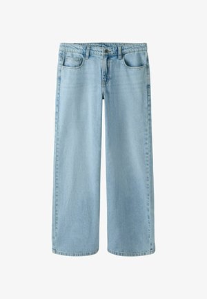 Lyseblå vide jeans laget av denim med en glatt tekstur, med knappeåpning og to frontlommer for praktisk bruk.