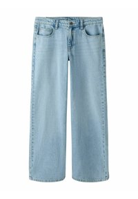 Jeans a gamba larga azzurri chiari realizzati in denim con una texture liscia, dotati di chiusura con bottone e due tasche frontali per la praticità.