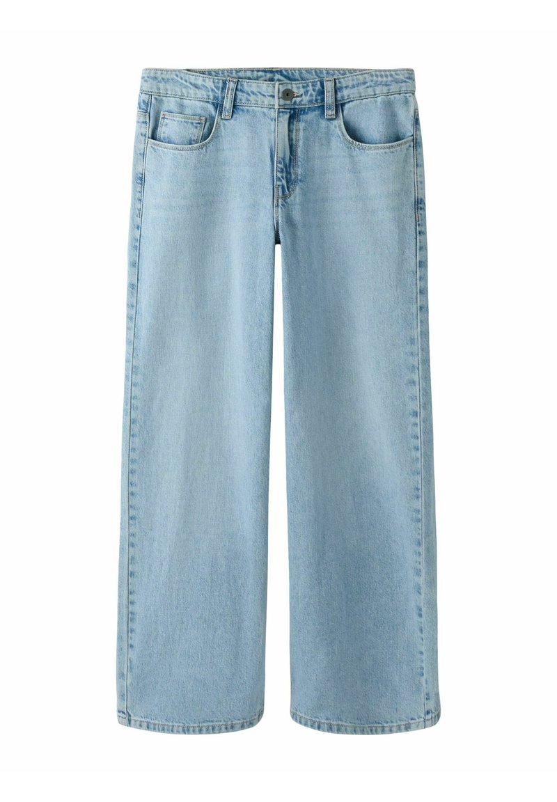 Jeans a gamba larga azzurri chiari realizzati in denim con una texture liscia, dotati di chiusura con bottone e due tasche frontali per la praticità.