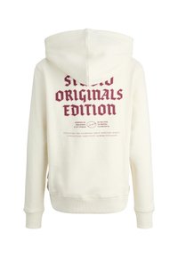 Krémová mikina s kapucňou s veľkým, výrazným bordovým grafickým nápisom „STUDIOS ORIGINALS EDITION“ na chrbte, s rebrovanými manžetami a spodným lemom.