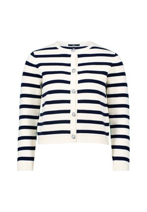 Navy and white striped cardigan with long sleeves, round neck, and six large, circular buttons down the front. Ribbed texture throughout.