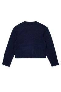 Maglione blu navy corto con orlo e polsini a coste, caratterizzato da una texture in maglia liscia e un semplice design con colletto rotondo. Vista posteriore mostrata.