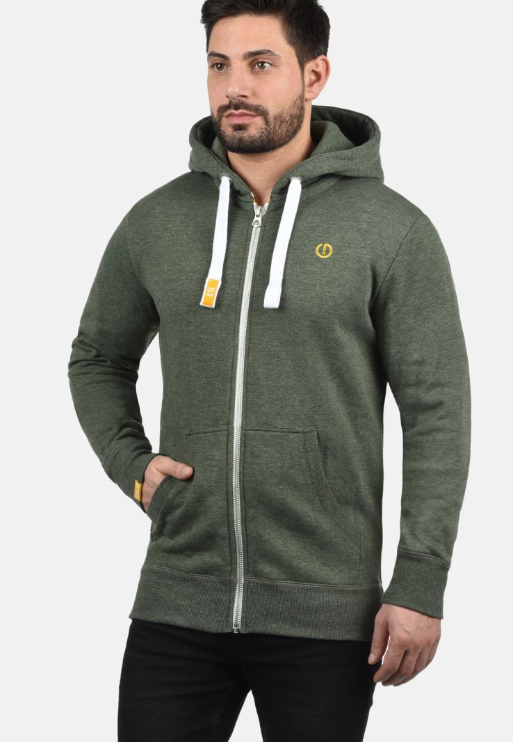 Green zip-up hoodie made of soft fabric with a front pocket, white drawstrings, and a small yellow logo on the chest.