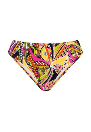 Kolorowe spodnie bikini z żywym, abstrakcyjnym wzorem w różu, żółci, zieleni i czerni. Wykonane z elastycznej tkaniny o gładkiej fakturze.