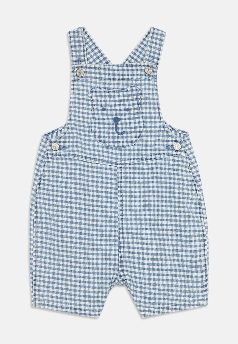 Salopette bébé à carreaux bleus et blancs avec poche avant ornée d'un contour de tête d'ours et bretelles à boutons sur les épaules et les côtés.