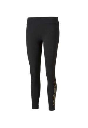 Leggings neri realizzati in tessuto elasticizzato, con un design semplice, una cintura ampia e una stampa del logo gialla lungo la gamba sinistra.