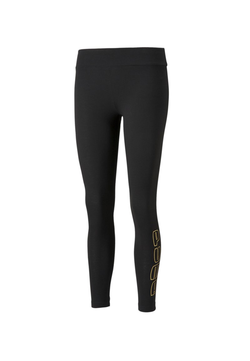 Leggings neri realizzati in tessuto elasticizzato, con un design semplice, una cintura ampia e una stampa del logo gialla lungo la gamba sinistra.