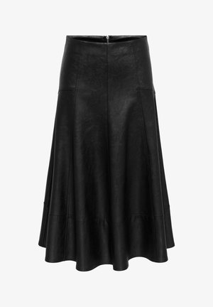 Svart skinnimitation kjol med en utställd design, som har synliga sömmar och en dragkedja bak. Slät yta och knä-lång finish.