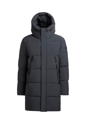 Cappotto imbottito grigio scuro con colletto alto, tasche laterali con zip e design trapuntato per isolamento e calore.