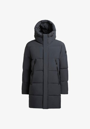 Cappotto imbottito grigio scuro con colletto alto, tasche laterali con zip e design trapuntato per isolamento e calore.