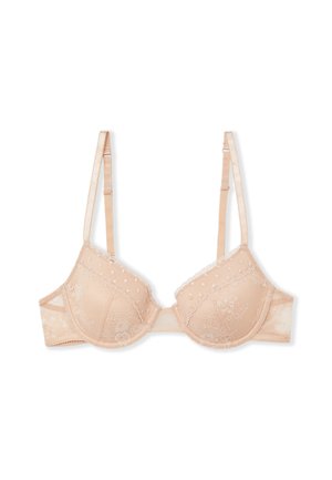 Sujetador beige de encaje con aros, tirantes ajustables, bordado floral y bordes con ondas, diseñado para brindar soporte y un estilo femenino.