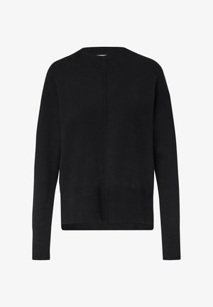 Black oversized knit sweater with a ribbed crew neckline, dropped shoulders, and a straight hem. Smooth texture with a minimal design.