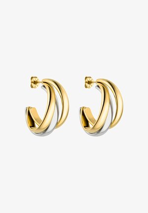 Ohrringe mit Gold- und Silber-Tönen in Form von Hoops, die ineinandergreifende Schlaufen mit einer glatten, glänzenden Oberfläche und Pfostenverschluss aufweisen.