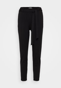 Black tapered trousers made of soft fabric, featuring a waistband with a fabric belt and two front pockets. Smooth texture and minimal design.