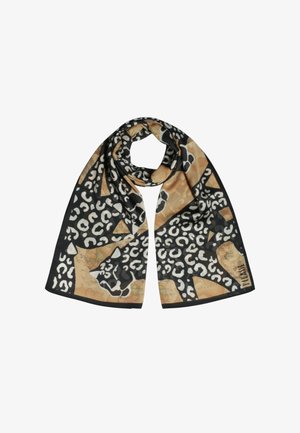 Sciarpa di seta con un mix di motivi leopardati neri e beige, con una texture liscia e bordi neri a contrasto.
