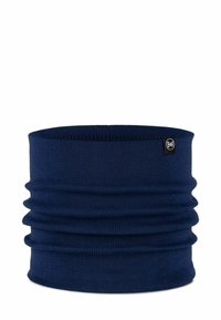 Cuello tubular de color azul marino con un tejido texturizado y elástico y detalles sutiles de fruncido. Presenta una pequeña etiqueta de logo en el lado.