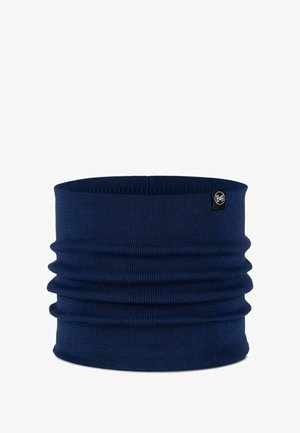 Navy blue tubular neck warmer with a textured, stretchy fabric and subtle gather details. Features a small logo tag on the side.