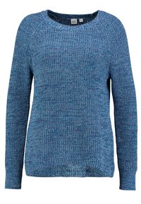 Blå stickad tröja med rund hals, långa ärmar och texturerad yta. Har en lätt nederkant och ribbade ärmslut.