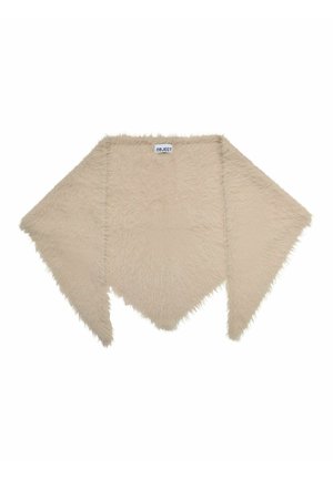 Châle triangulaire en fourrure beige douce avec des extrémités pointues et une petite étiquette portant la mention "OBJECT" en haut au centre.