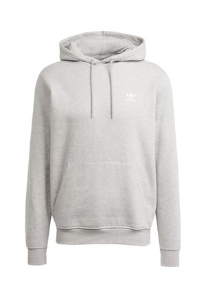Gray hoodie made of soft fabric, featuring a kangaroo pocket, drawstring hood, and a small white Adidas logo on the chest.