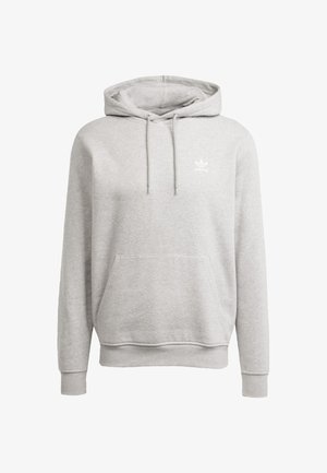 Šedá mikina vyrobená z měkké tkaniny, s klokaní kapsou, kapucí na šňůrku a malým bílým logem Adidas na hrudi.