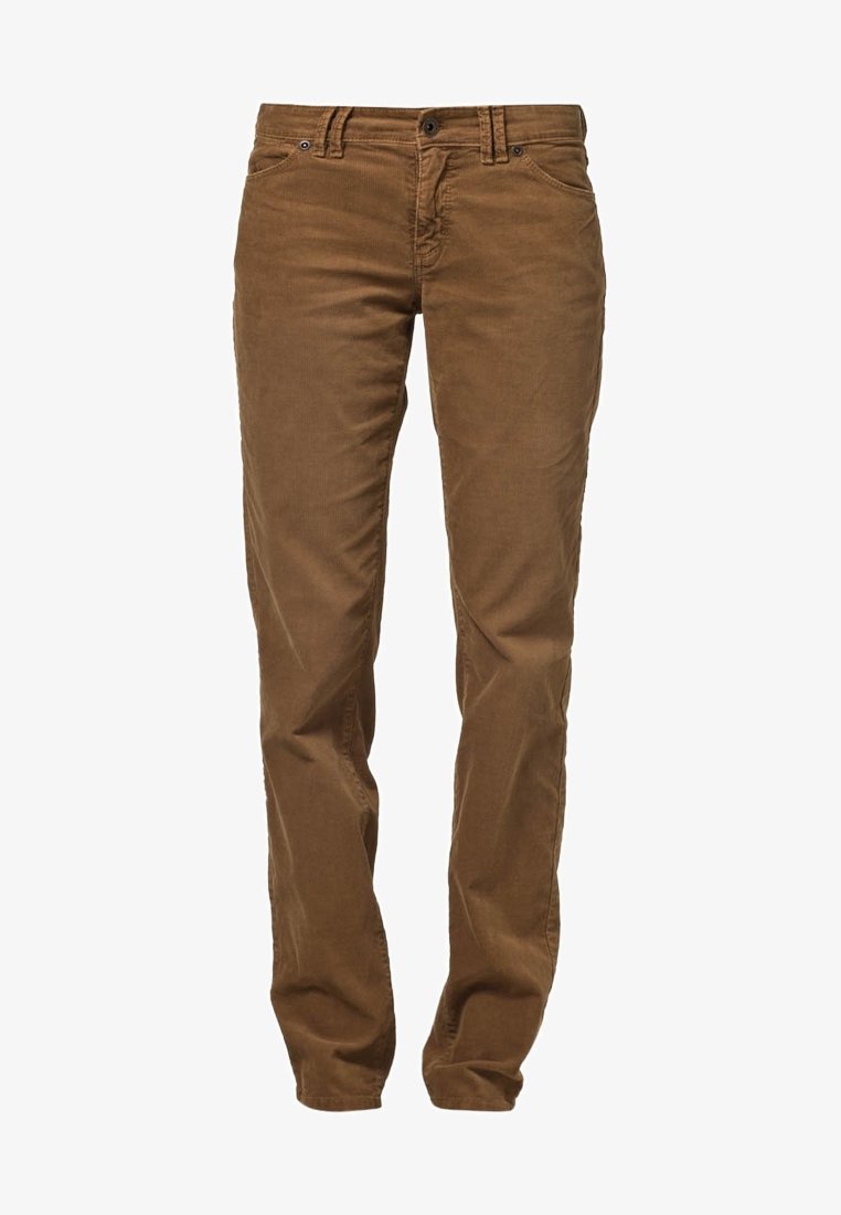 Pantalon droit en velours côtelé marron avec poches avant, passants pour ceinture et fermeture par bouton sur un fond blanc uni.