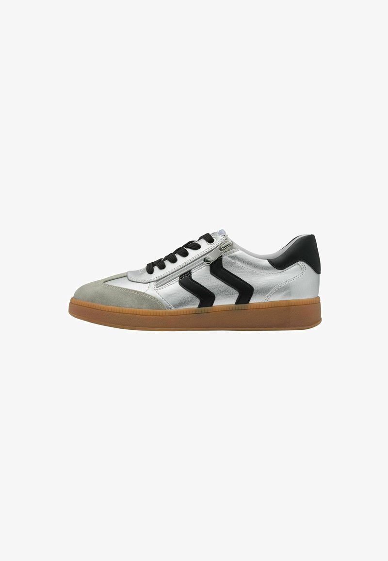 Silver and black sneaker featuring leather and suede materials, lace-up design, rubber sole, and distinct black zigzag accents on sides.