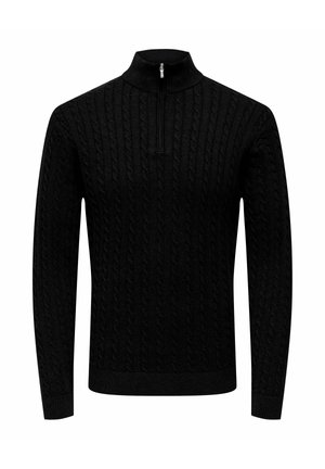 Sort kabelstrik sweater med lange ærmer, ribbede manchetter, høj hals og en kort lynlås foran.