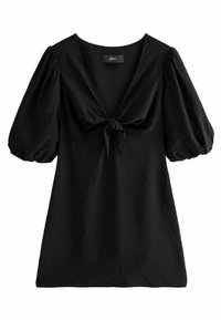 Blusa nera con scollatura a V profonda, design con nodo frontale e maniche a sbuffo. Realizzata in tessuto testurizzato, presenta una vestibilità ampia e una superficie liscia.
