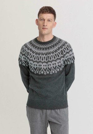 Knit sweater featuring a patterned design in gray and light blue, with a crew neck, long sleeves, and ribbed cuffs. Made of wool.