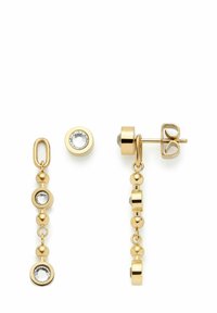 Guld-tonede øreringe med en stud- og en dråbe design, der har runde krystaller, kugle accenter og et sammenkædet ovalt element for ekstra detalje.