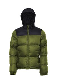 Giacca a vento verde con cappuccio nero, chiusura con zip sul davanti e due tasche laterali. Presenta un design trapuntato e polsini elasticizzati per garantire calore.