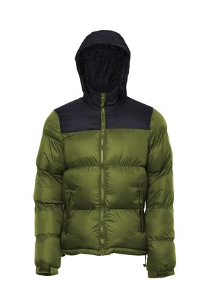 Grøn puffjakke med sort hætte, lynlås foran og to sidelommer. Har et quiltet design og elastiske manchetter for varme.
