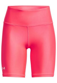 Vysoké korálově růžové sportovní cyklistické šortky s plochými švy a malým bílým logem Under Armour na levé noze.